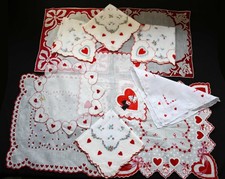 VINTAGE VALENTINE RED HEARTS HANDKERCHIEFS, LOT OF 11