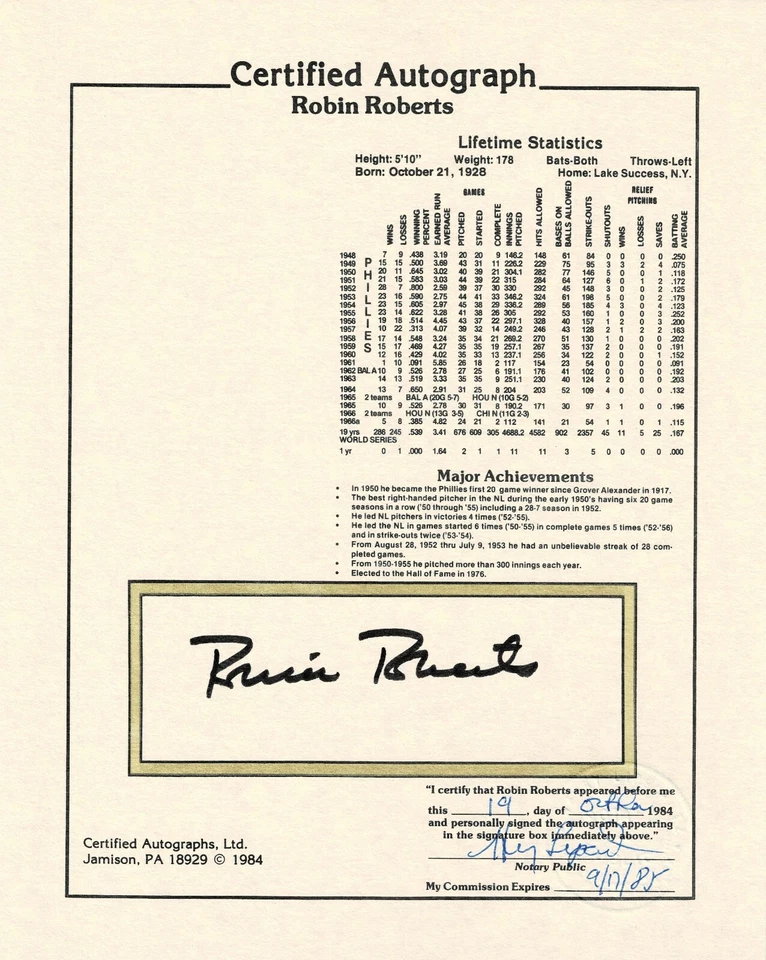 50 Robin Roberts Signed Baseball 8x10 Photo Stat Sheets JSA AH LOA $1250 VALUE! - Image 2 of 3