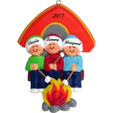 Personalized Christmas Ornament - Family of 3 Tent Camping Roasting Marshmallows