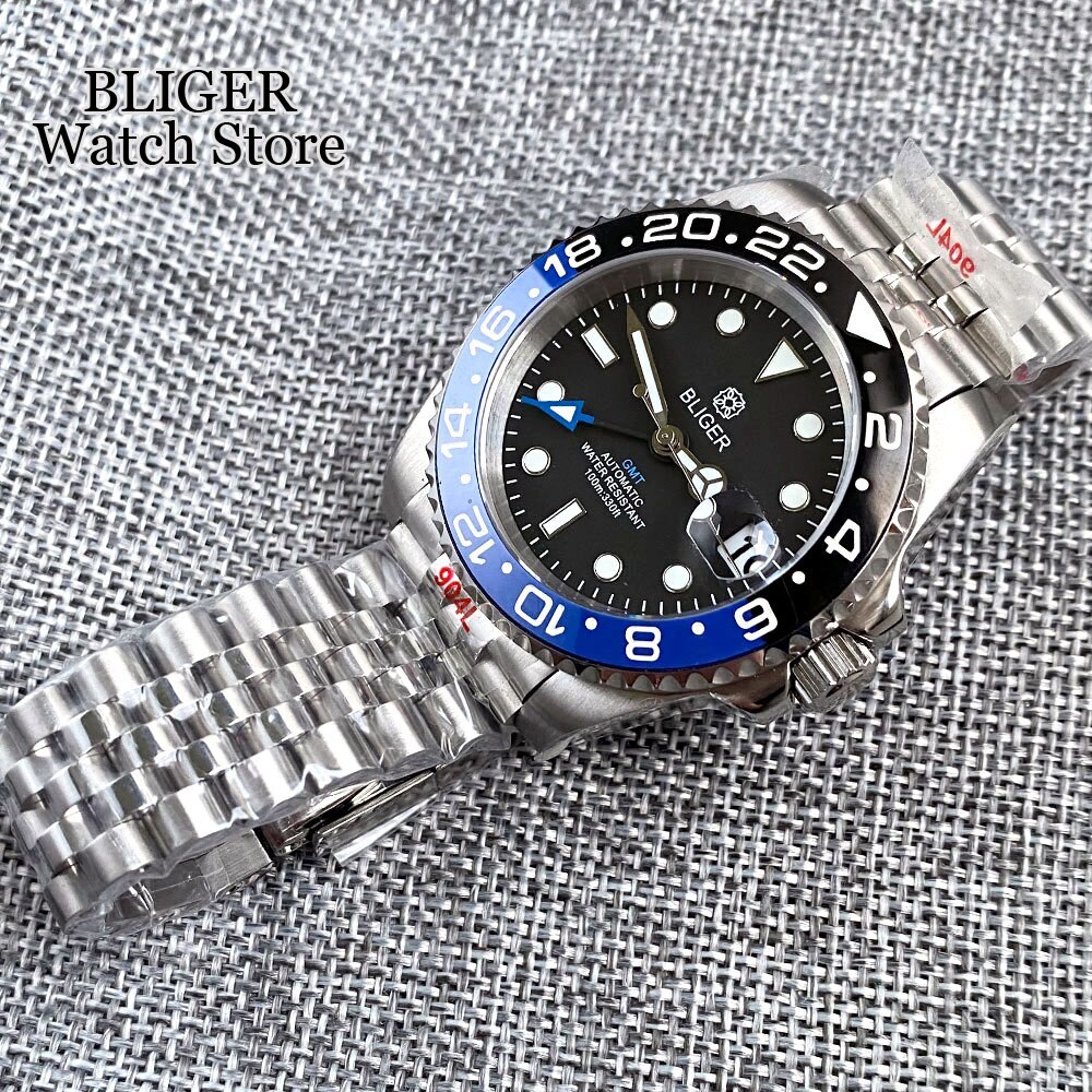 BLIGER 40mm Black Blue GMT Function NH34 GMT Mechanical