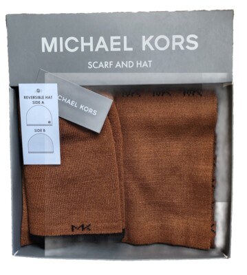 New MICHAEL KORS Mens Hat Scarf Set Reversible Camel