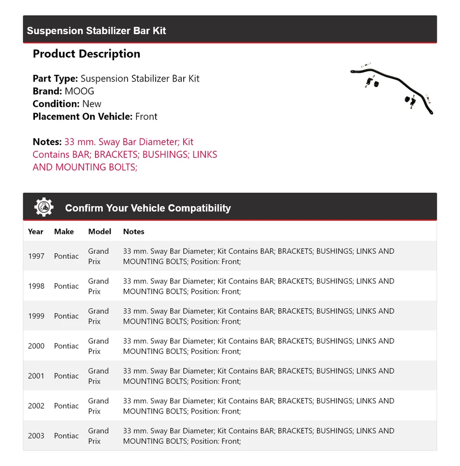 Kit de barra estabilizadora de suspensión delantera MOOG 1997-2003 Pontiac Grand Prix 1997 Foto 2 de 4