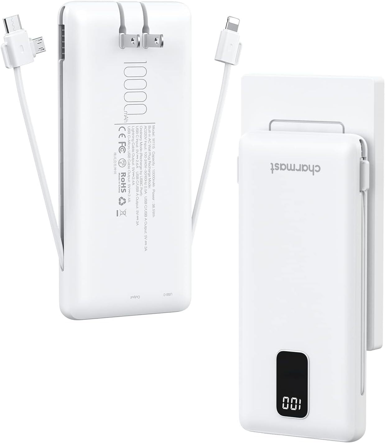 10000mAh Slim Portable Charger with Built-in Cables & AC Wall Plug-image