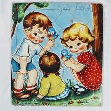 Vintage Frame Tray Puzzle Children Bluebirds Jean Tamburine 1950