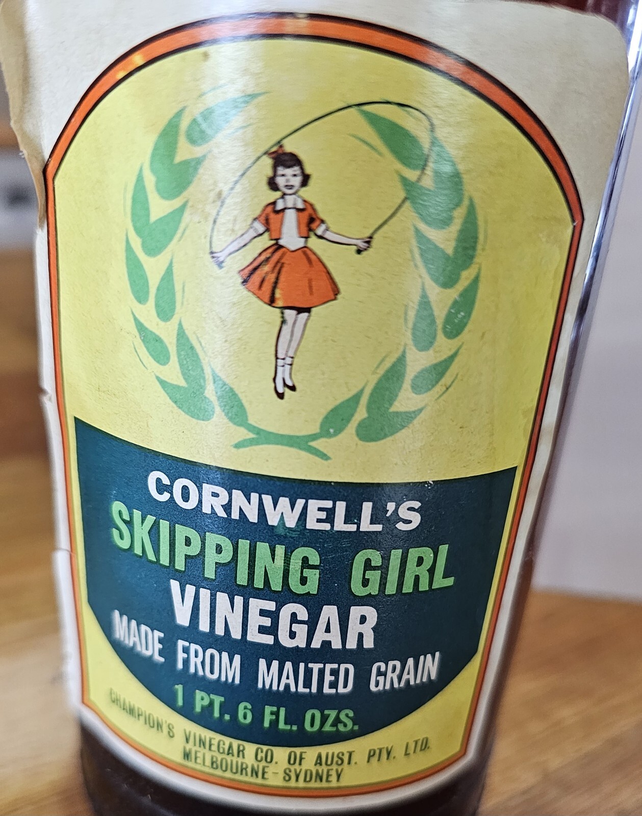 Vintage Skipping Girl Vinegar 1960s Bottle with Label and Lid 1pint 6