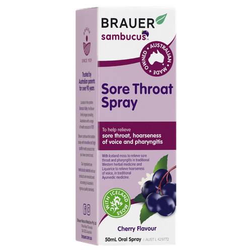 Brauer Sambucus Sore Throat Spray 50mL Cherry Flavour Relieve Hoarseness of Voic eBay