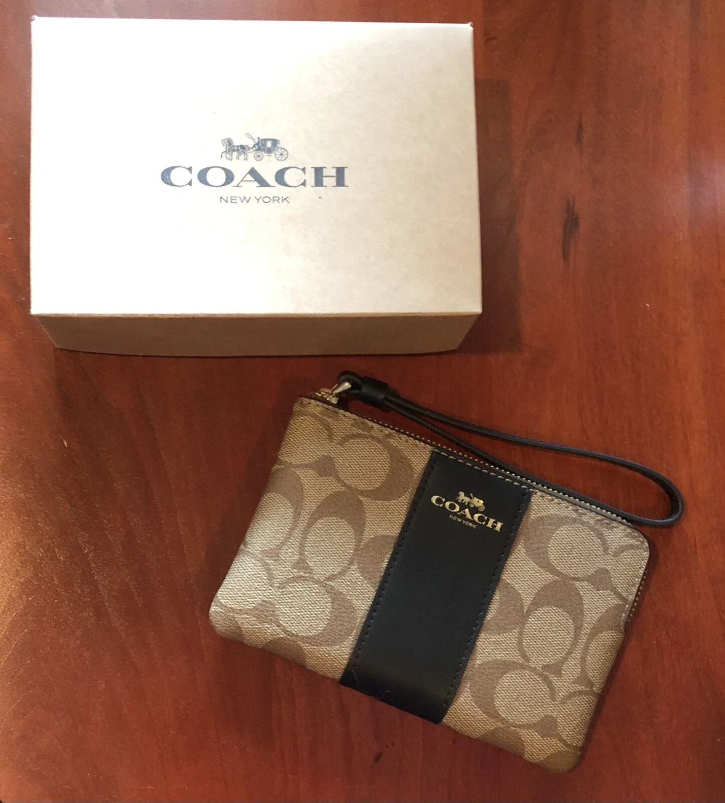 Coach Signature Wristlet F58035 kaki nero NUOVO NUOVO CON ETICHETTE NUOVO CON SCATOLA borsa cambio Natale