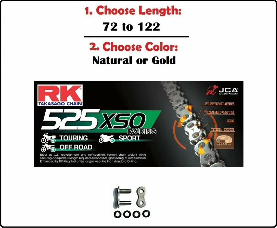 RK 525 XSO Xring Motorcycle Drive Chain Natural or Gold with Rivet Master Link - Bild 1 von 1