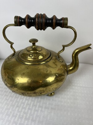 Vintage Brass 1800's Tea Kettle With Wooden Handles Some Small Dents Great Pot