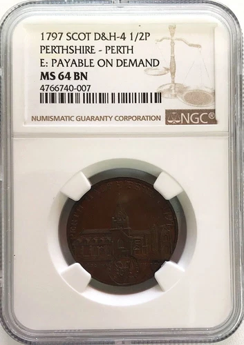 1797 SCOTLAND PERTHSHIRE 1/2 PENNY DUNDEE MERCHANT TOKEN D&H 4 NGC MS 64 BN