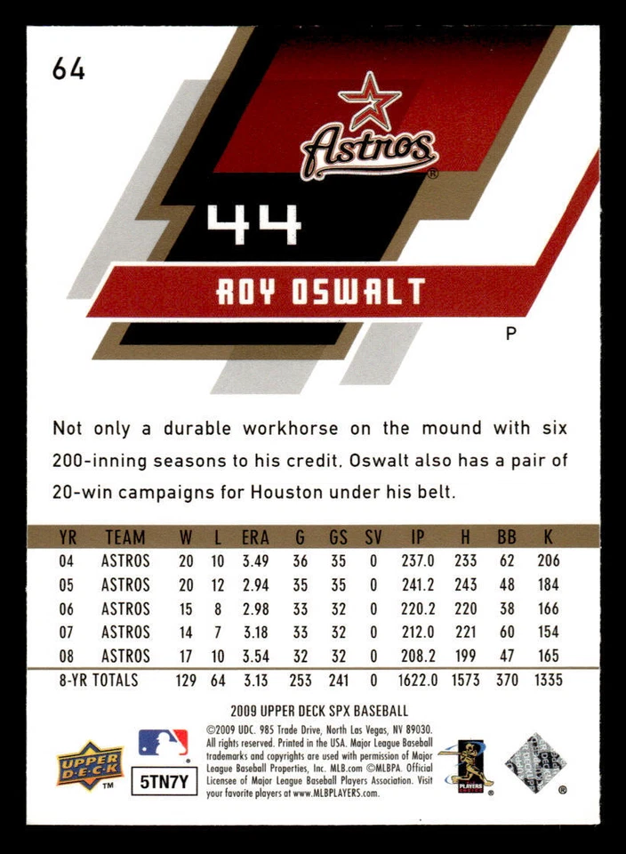 2009 SPx #64 Roy Oswalt Card Houston Astros - Image 2 of 2