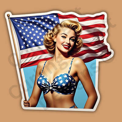 1950's Style American Flag Blonde Patriotic Pinup Girl 3'' Vinyl Sticker