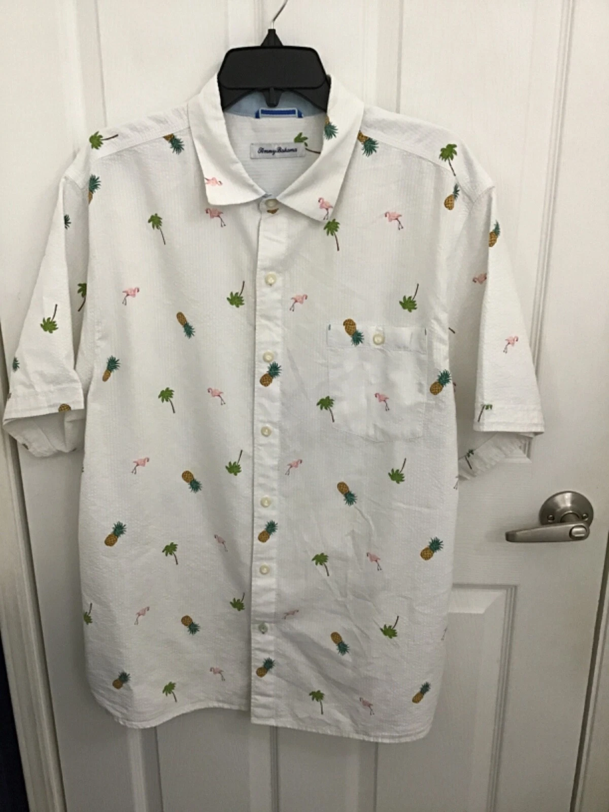 Tommy Bahama Men White All Over Print Flamigos Pineapples Palm Tree S/S Shirt XL
