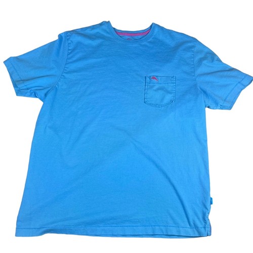 Tommy Bahama Relax blaues kurzärmliges T-Shirt mit Tasche und Rundhalsausschnitt und gesticktem Logo L