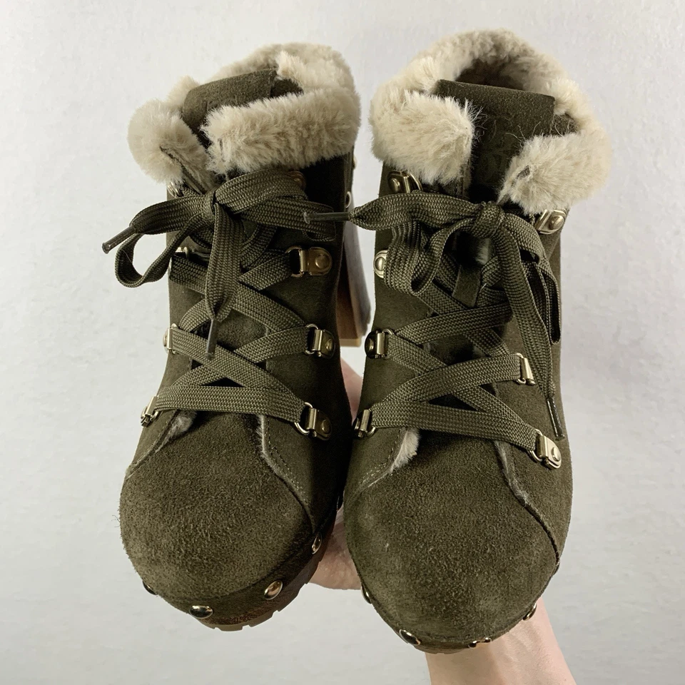 Zueco Guess Mujer Gamuza Sherling Tacón Con Cordones EE. UU. 10 Oliva Grueso Tachonado Foto 3 de 4