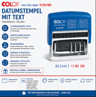 COLOP Datumstempel mit Text Mini-Info-Dater S120/WD selbstfärbend blau rot ohne