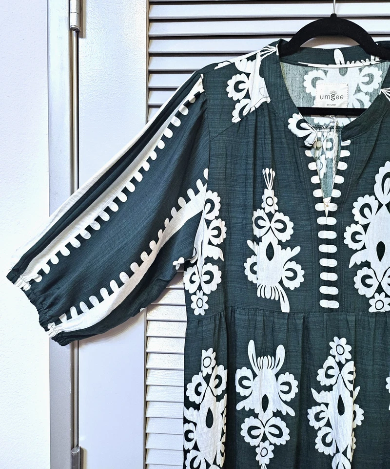 Maxi Vestido Largo Estampado Volantes 3/4 Dk Verde/Crema 2XL Foto 2 de 4