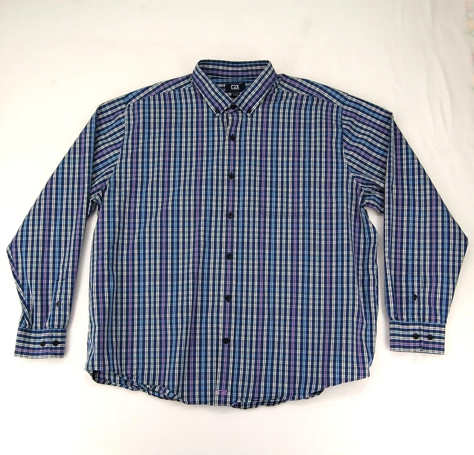 Cutter & Buck Shirt Mens 2XL Blue Purple Plaid Easy Care Button Down Long Sleeve - Image 2 of 4