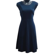 Talbots Navy Blue Cotton Fit and Flare Dress Eyelet Lace Cap Sleeve Small