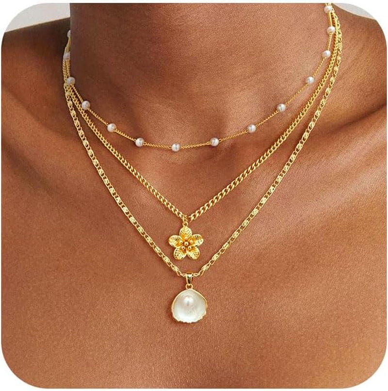 Hothty Gold Layered Charm Necklaces for Women, Dainty Stackable Simple Waterproo