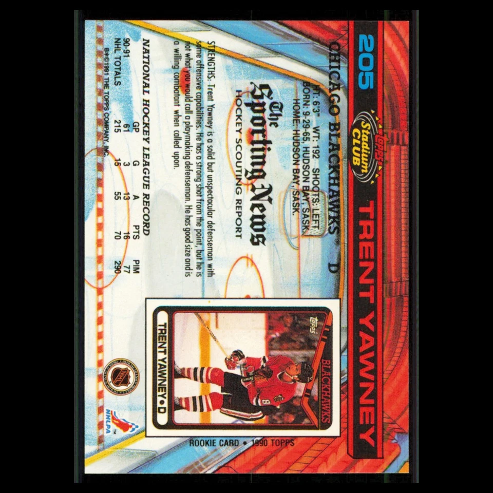 Trent Yawney #205 1991 Topps Stadium Club Chicago Blackhawks Hockey Card NHL NM - Image 2 of 3