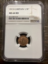 1913 Great Britain Farthing 1/4p Bronze NGC MS64 RD Cert 8151499-019