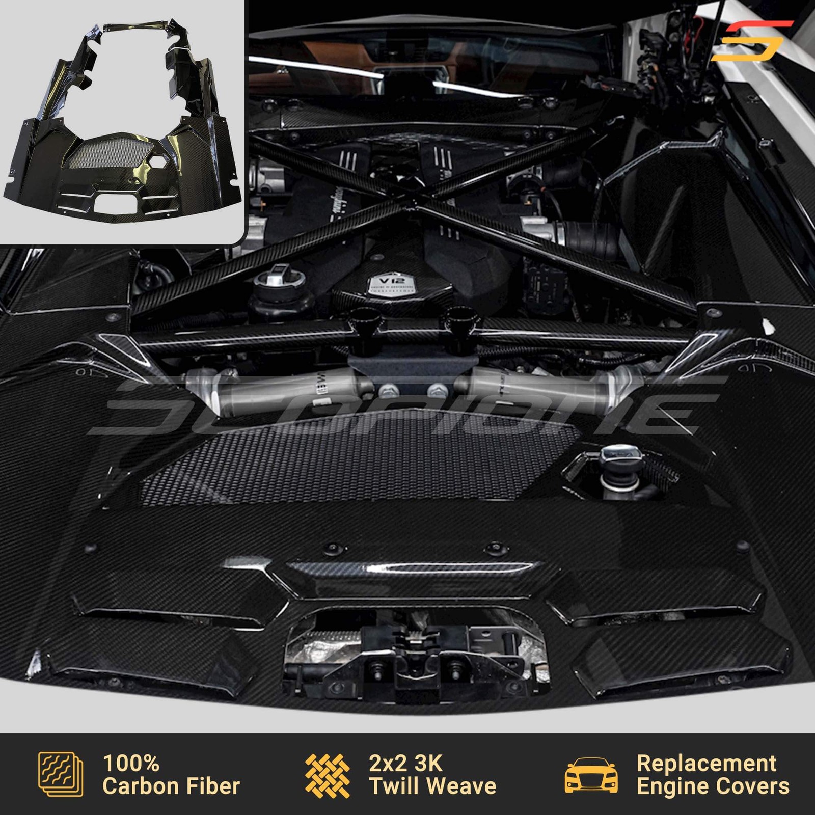 Scopione Carbon Fiber Engine Bay Covers Trim Kit for Lamborghini Aventador Coupe