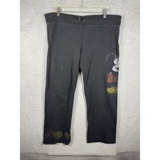 Y2K Disney Mickey Mouse Black Cropped Wide Leg Sweatpants Large Floral Graphic L
