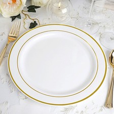 10 pcs Plastic WHITE with Gold Rim 10.25" PLATES Disposable Party Wedding SALE