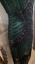Green Black Sequin Beaded Fringe Flapper Dress Evening Party Vintage Style