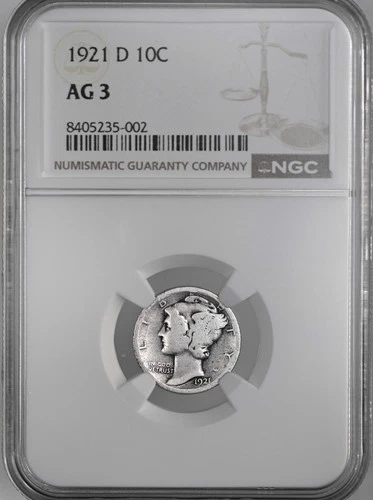 1921-D 10C MERCURY SILVER DIME DENVER MINT   NGC AG3 #8405235-002