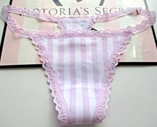 VICTORIA'S SECRET Cotton V-String Thong Panty VS Lace Trim S M XL Purple Stripe