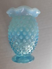 Vintage Fenton Aqua Blue Opaline Opalescent Glass Hobnail Crimp Vase 3 3/4