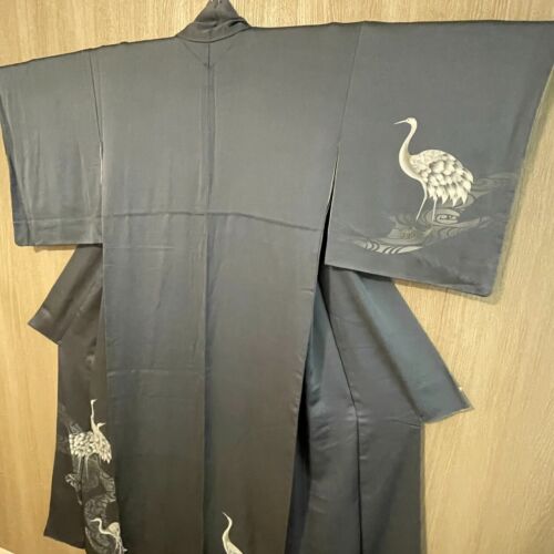 Japanese kyoto beautifulKimono NavyBblue height66.92inch silk Kyoyuzen - Picture 2 of 13
