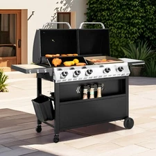 BBQ Grill Propane Gas Griddle and Grill Combo w/Porcelain-Enameled Cast Iron Pan