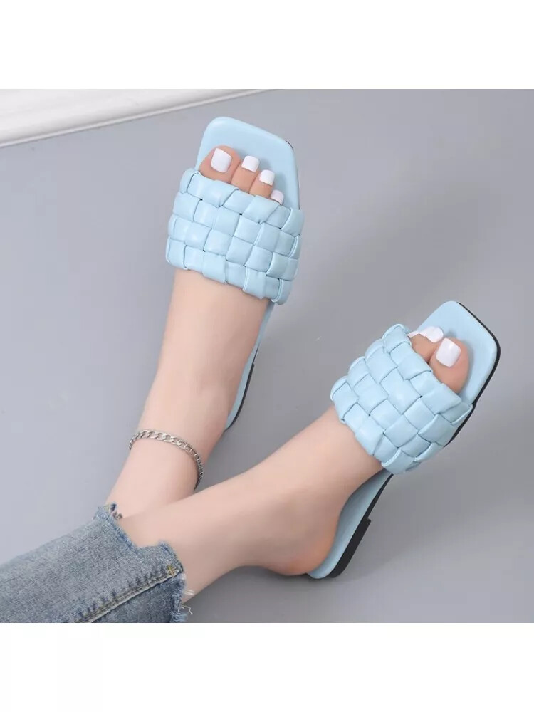 Sandalias Zuecos Celestes Trenzados Bajas Slip-On De Piel Sintética 51008