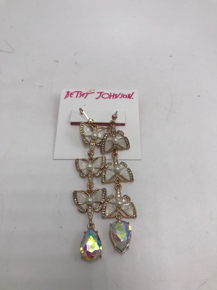 $52  Betsey Johnson FLUTTERBYE BUTTERFLY Rose Gold/Crystals Linear Earrings BF1A - Image 3 of 4