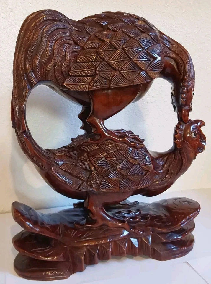 Antique Chinese Rosewood Carved Fighting Signed Roosters -Glass Eyes 11.5 X 9.5 - Image 3 of 4