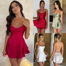 New Sexy Dress Womens Backless Mini Strappy Satin Dresses Party Evening