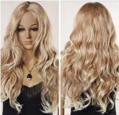 Hot Sell Fashion Long Blonde Mix Wavy Curly Women Lady Hair Wig Wigs + Wig Cap
