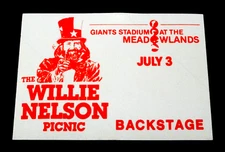 Willie Nelson Backstage Pass Giants Stadium NJ 7/3/1983 The Willie Nelson Picnic