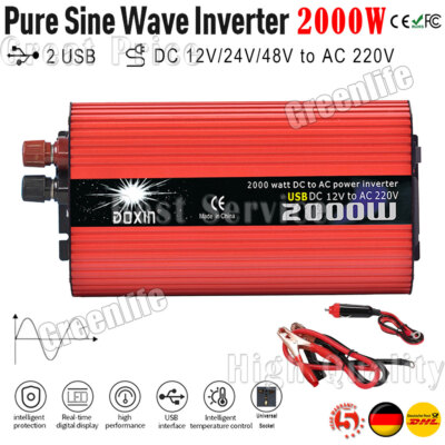 2000W Spannungswandler DC 12V/24V/48V Auf AC 220V Wechselrichter 2USB Reise