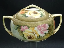ANTIQUE c.1891 JAPANESE NIPPON MAPLE LEAF HAND PAINTED GILDED ROSE SUGAR CUP