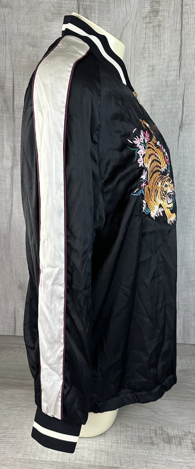 Вышитый Tiger куртка H & M разделенный черный атласный Bomber полный молнии пальто размер 12 - Изображение 4 из 4