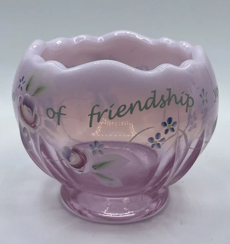 Fenton Pink Opalescent Hand Painted Rose Bowl,Friendship, Signed “To Betty”