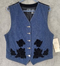 Lizwear Jean Vest Womens Medium Blue Black Velvet Floral 90s Vintage Button Up
