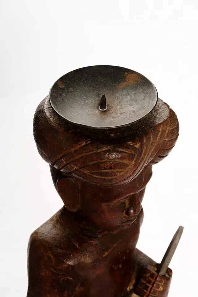 Antique Old Wooden Hand Carved Tribal Watch Man Statue Candle Stand Sculpture - Image 3 of 4