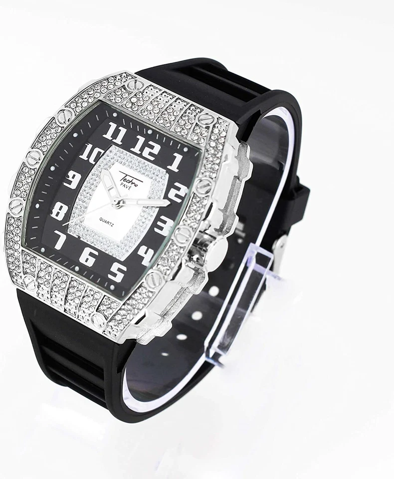 Reloj Hombre Helado Bling Rapero Plateado Simular Laboratorio Diamante Goma Lujo Rectángulo Foto 4 de 4