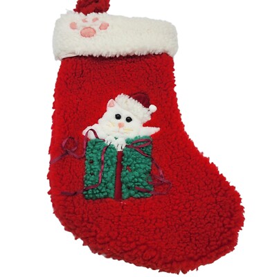 Red Christmas Stocking White Cat Kitty Kitten  13''  Presents Ribbon Paw Print