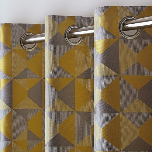 Ocker & Grau Geometrisches Design Paar Ösen Ring Top Vorhänge Alle Größen Gefüttert - Bild 2 von 3